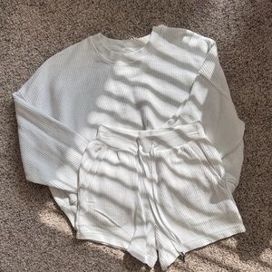 Waffle Knit Two-Piece Loungewear Set - White